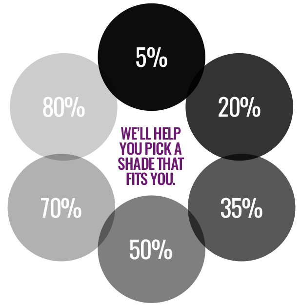 Window tint shade options from 5% to 80% for automotive window tinting in San Diego