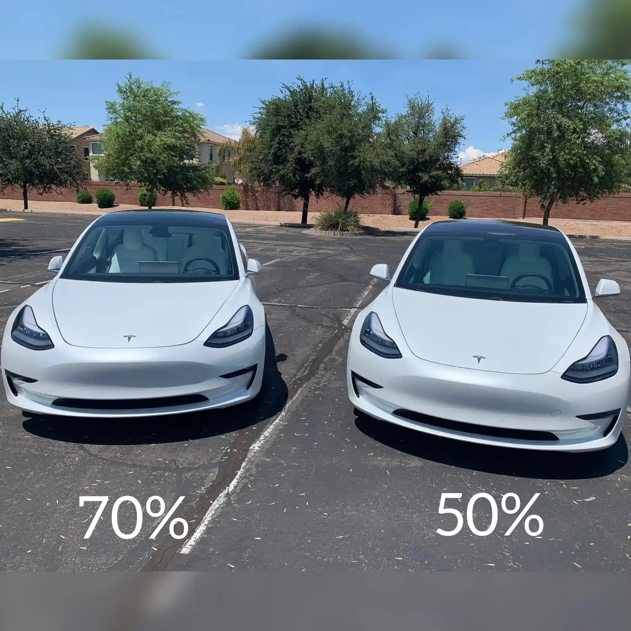 50% vs 70% ceramic windshield tint comparison on Tesla Model 3