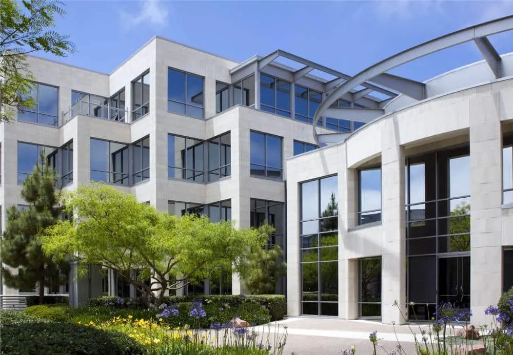 Commercial office building in San Diego with professionally installed window tint for heat reduction, UV protection and energy efficiency