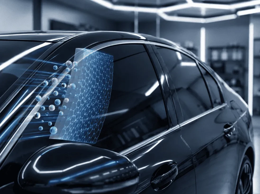 Illustration of window film layers over the side glass of a dark car.