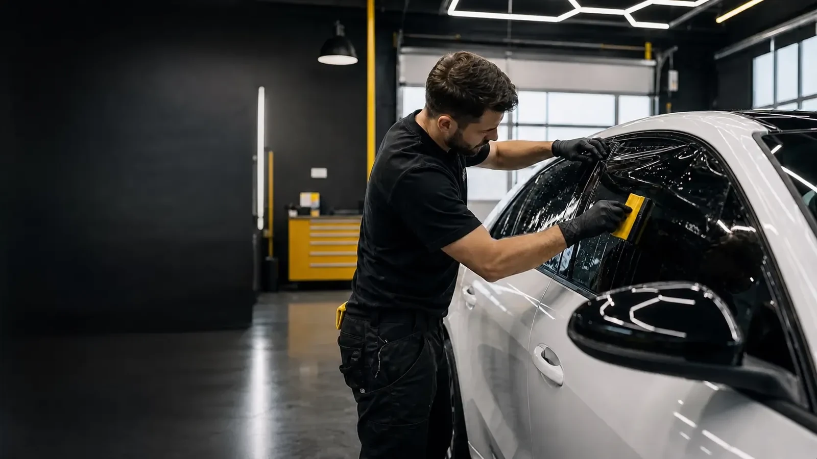Installer using a yellow squeegee on window film on a white car in a workshop.